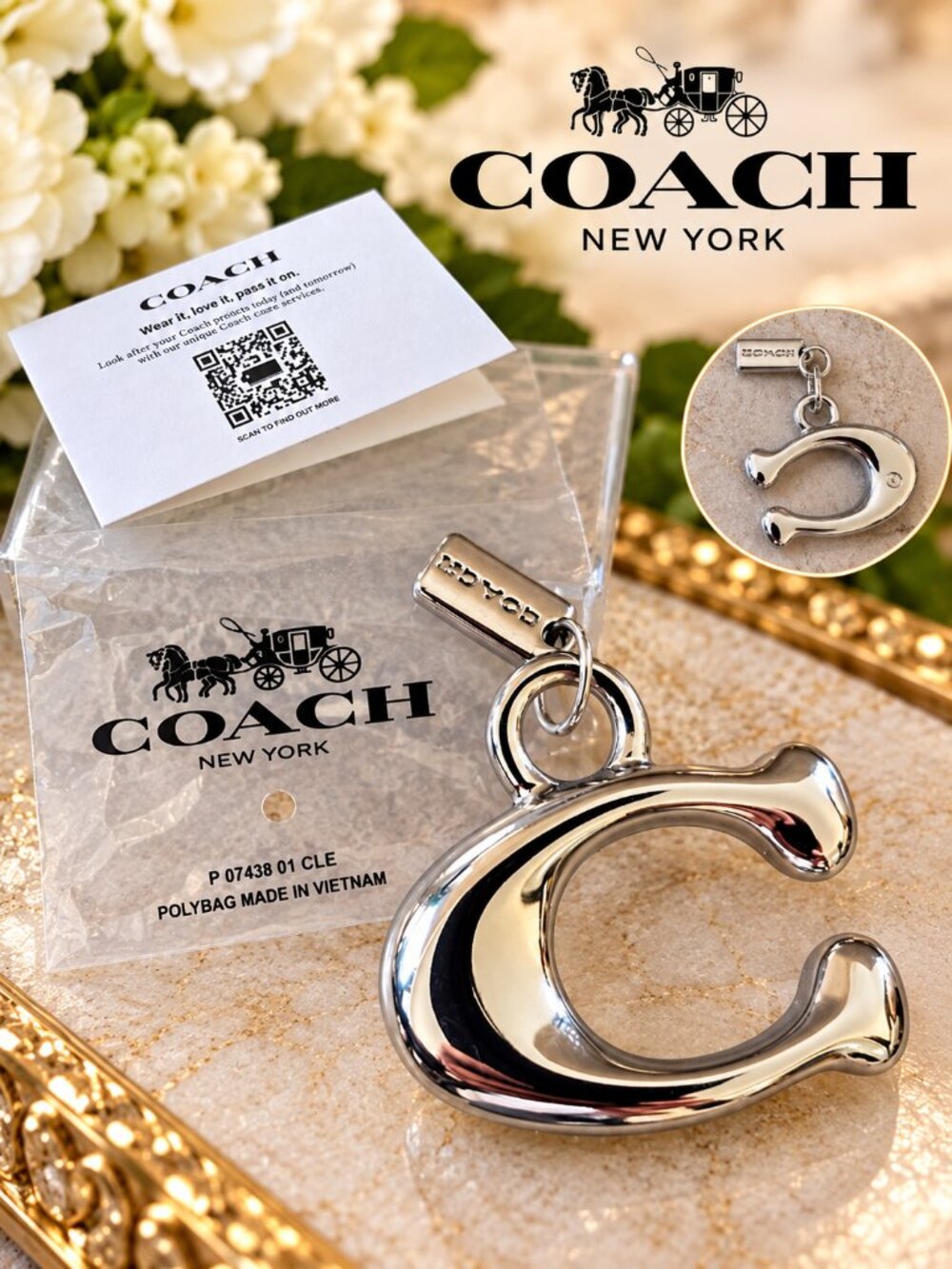 NWT COACH Silver Signature C Logo Bag Charm / Pendant – P07438